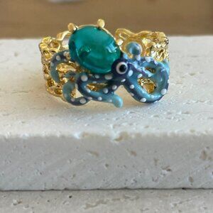 Les NEREIDES Gold Octopus Ring with Blue Accents